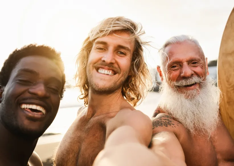 multi generational surfer friends having fun doing utc